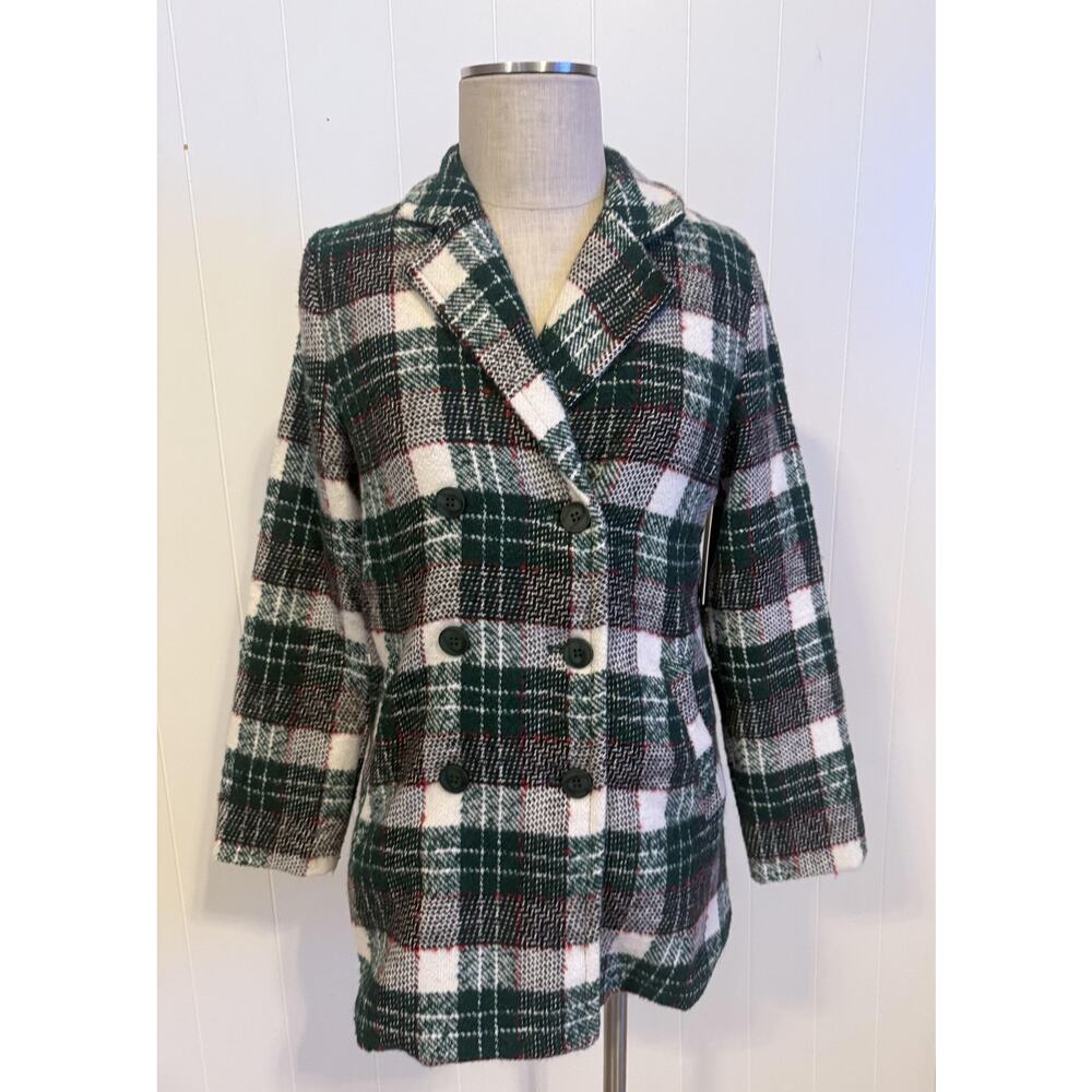 Aura Coat Womens XS Green Plaid Double Breasted Button Peacoat Wool Blend Jacket